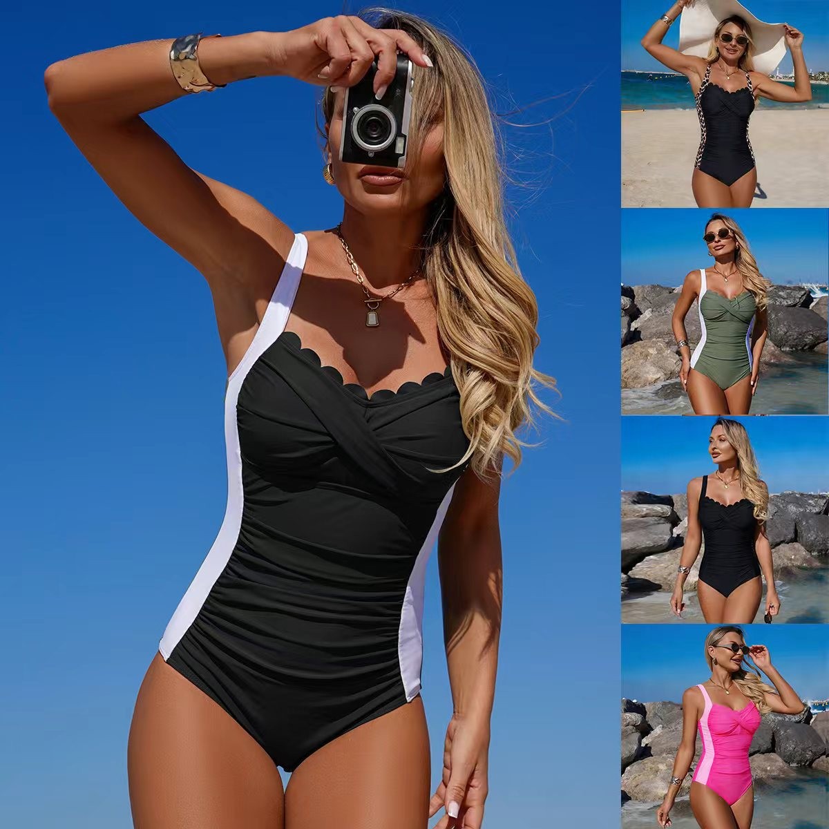 Black Swimsuit Scalloped Neckl - Swimsuit Bikini Ruched avaliação e preço