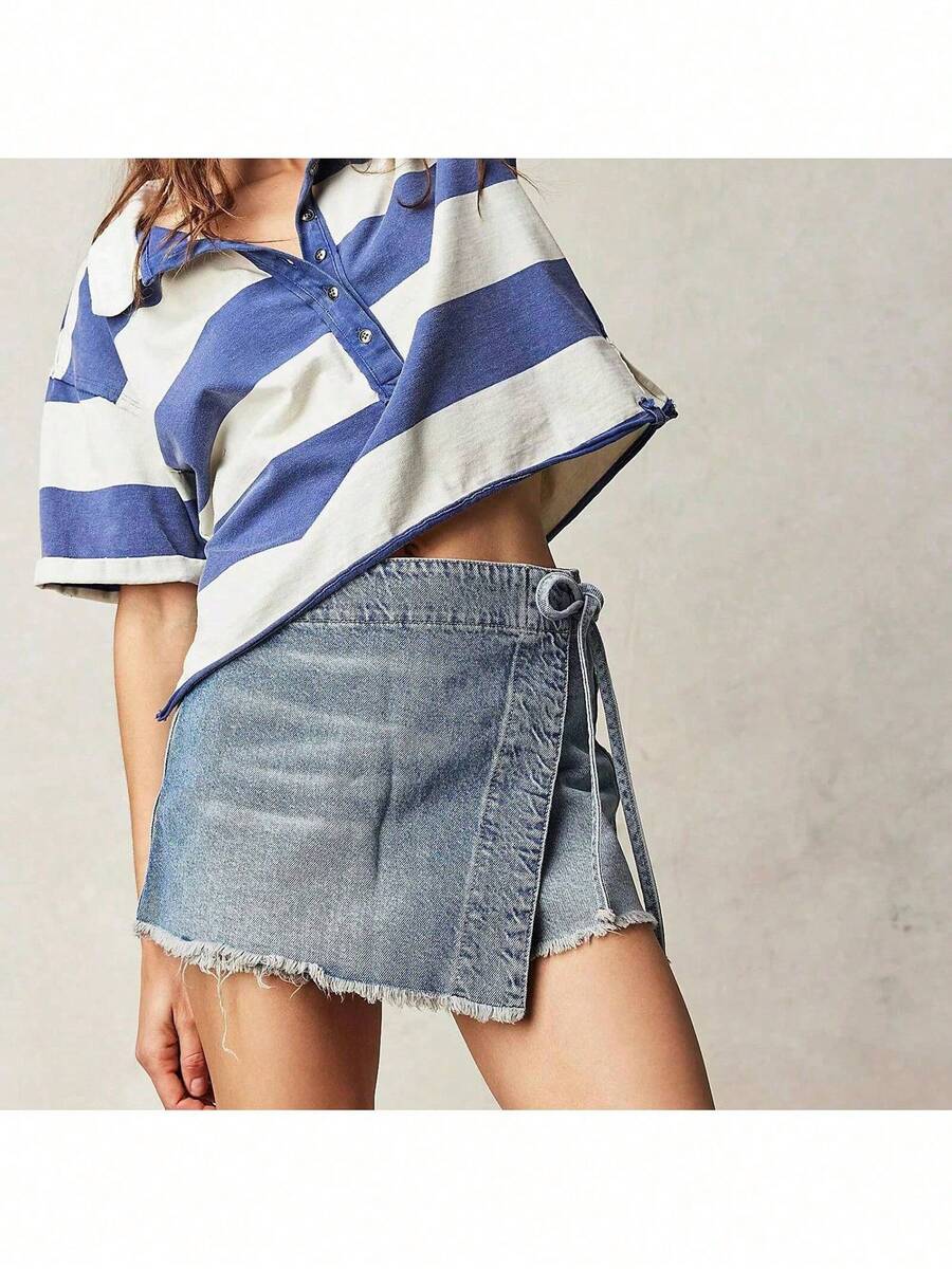 Women Denim Wrap Skort High Wa - Shorts Denim Frayed avaliação e preço