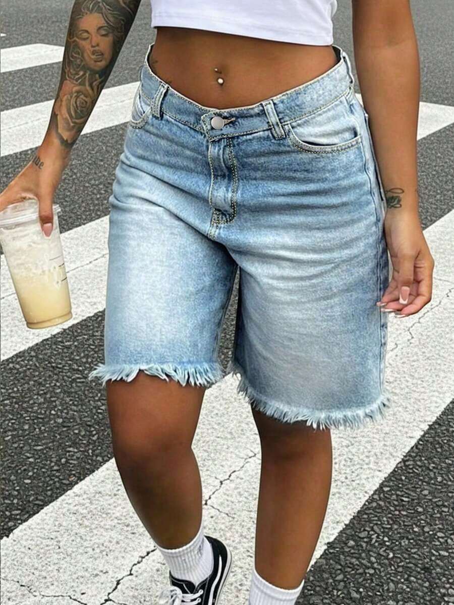 Shorts Denim Frayed - Womens Light Wash Denim Bermuda Shorts