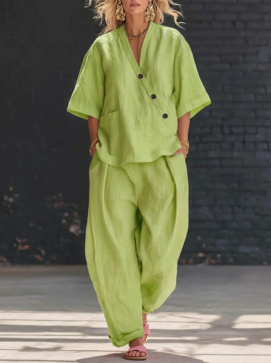 Women’s Two Piece Set Loose V  - Linen Pant Wide avaliação e preço