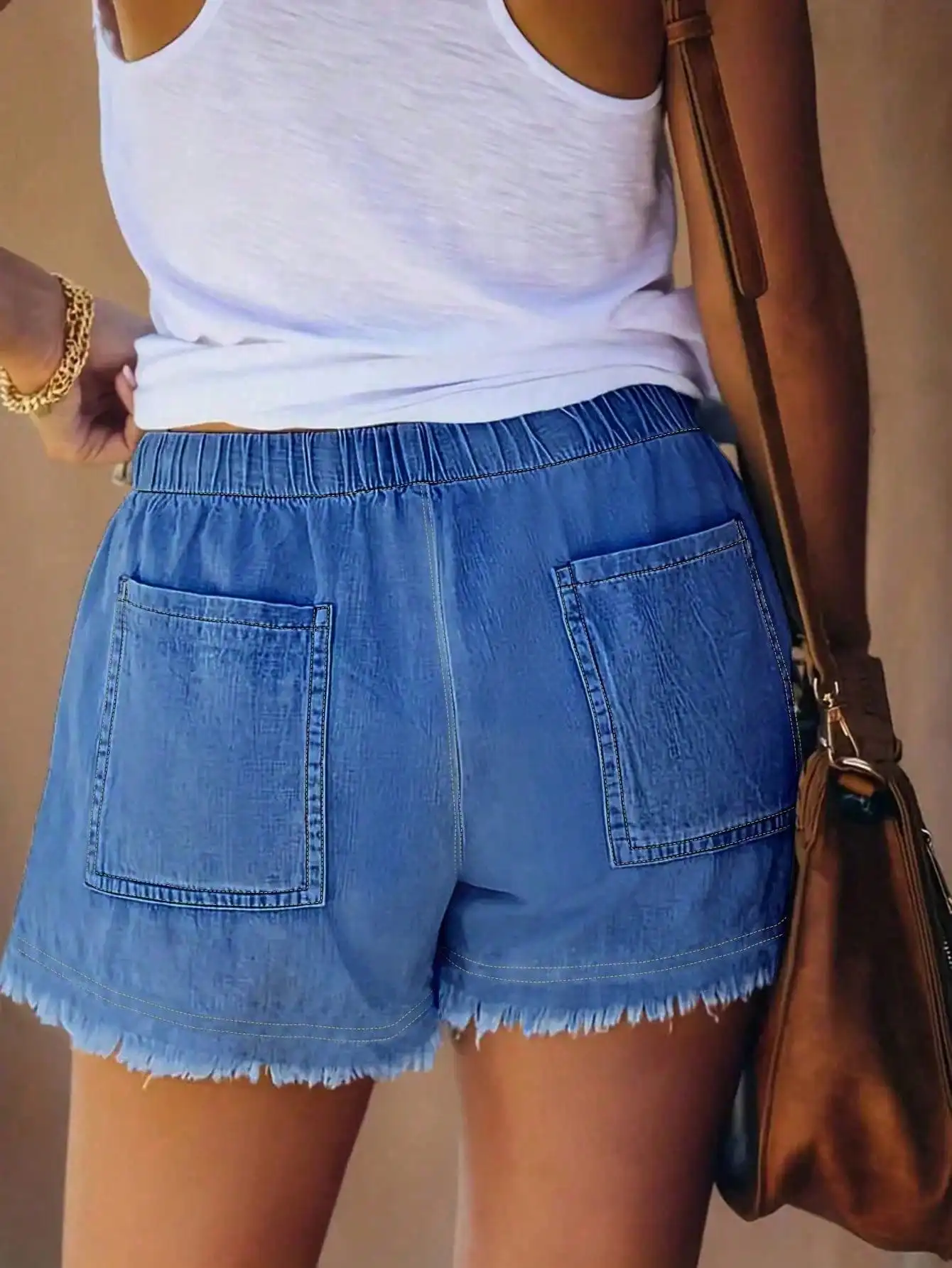 Women's Elastic Waist Frayed H - Shorts Denim Frayed avaliação e preço