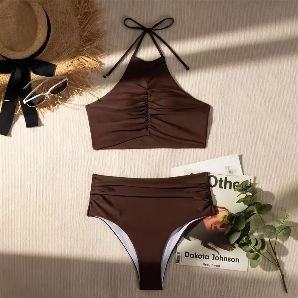 Dark Brown Solid Swimwears Hal - Swimsuit Bikini Ruched avaliação e preço