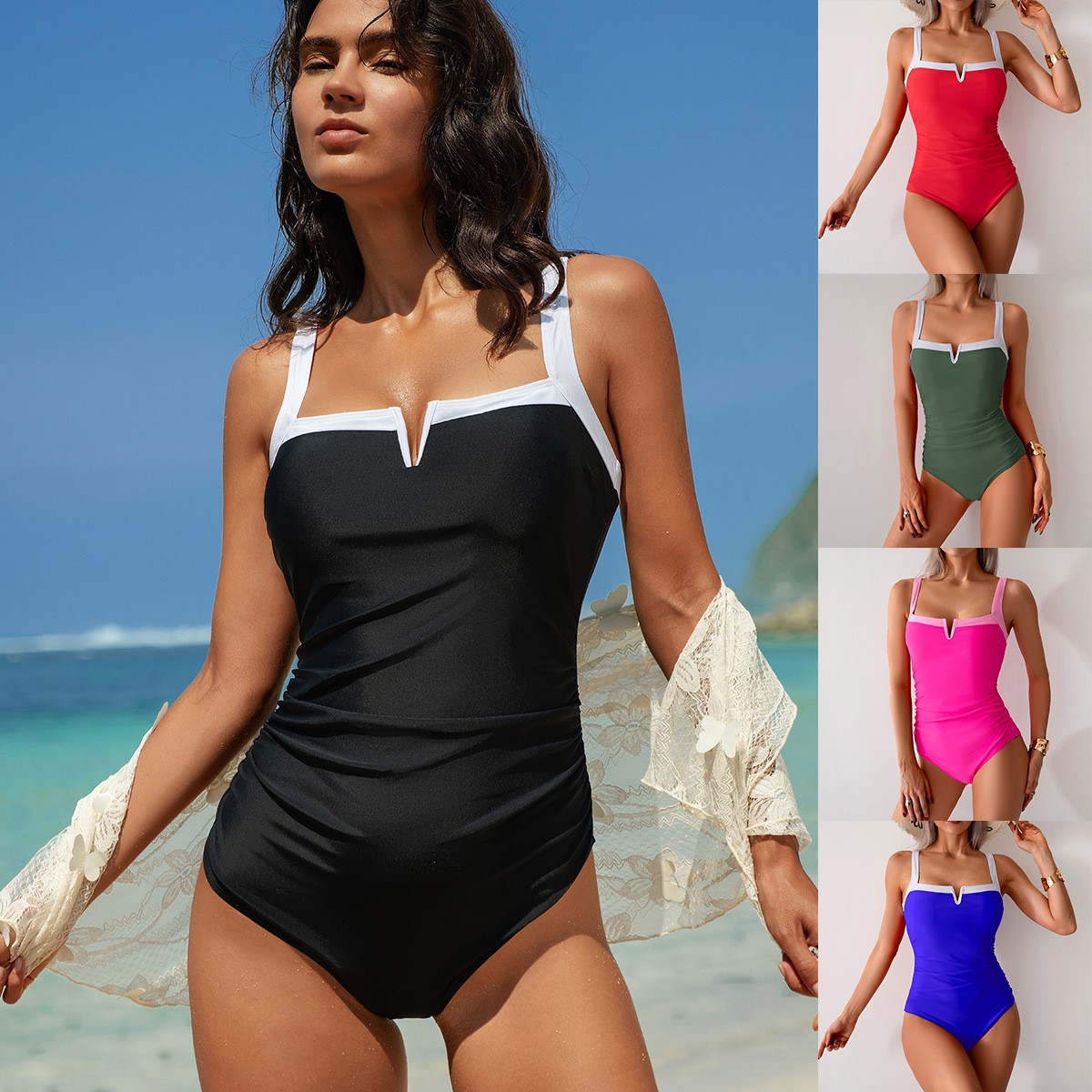Black Swimsuit V Neck Red Biki - Swimsuit Bikini Ruched avaliação e preço
