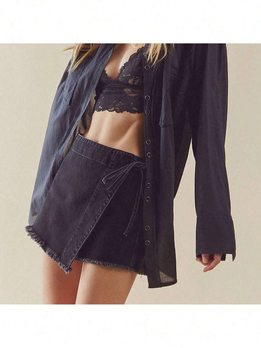 Women Denim Wrap Skort High Wa - Shorts Denim Frayed avaliação e preço