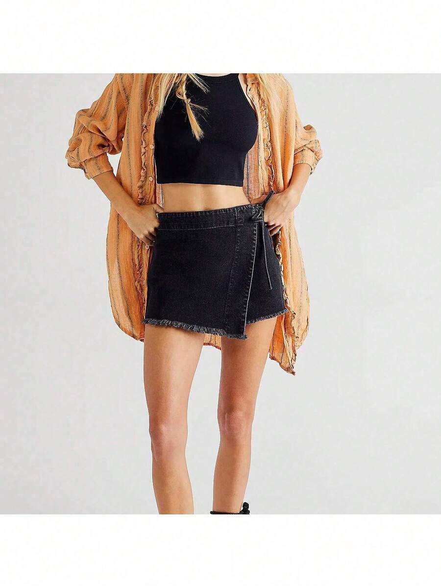 Women Denim Wrap Skort High Wa - Shorts Denim Frayed avaliação e preço