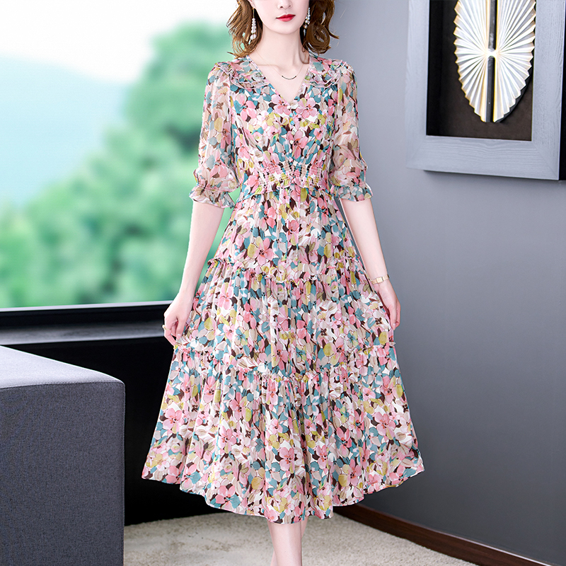 Summer Floral Natural Silk V-N - Midi Skirt Floral avaliação e preço