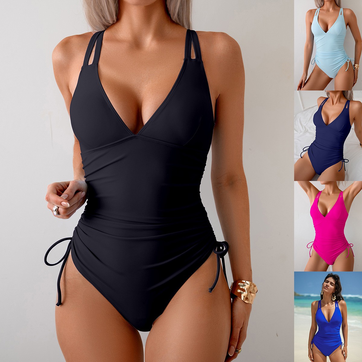 Solid Black Swimsuit V Neck Ru - Swimsuit Bikini Ruched avaliação e preço
