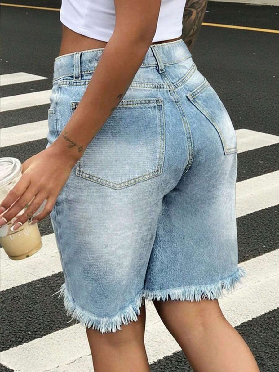 Womens Light Wash Denim Bermud - Shorts Denim Frayed avaliação e preço