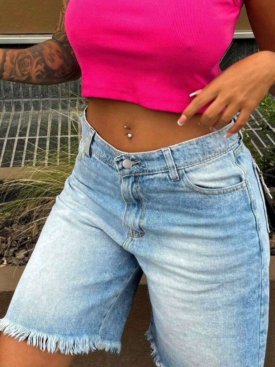 Womens Light Wash Denim Bermud - Shorts Denim Frayed avaliação e preço