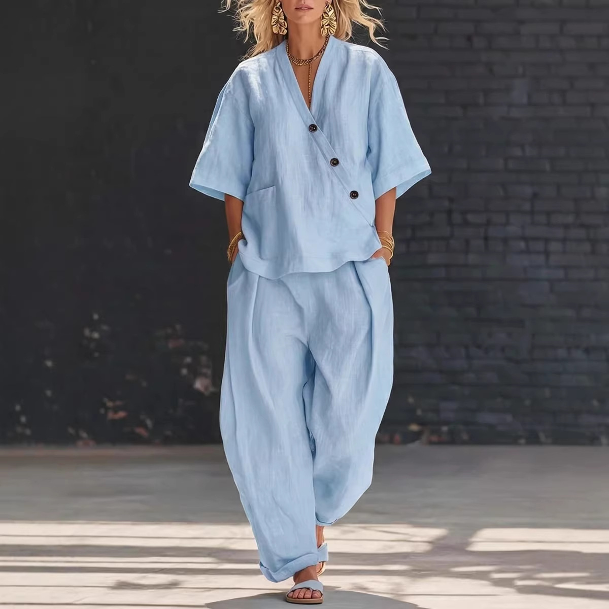 Women’s Two Piece Set Loose V  - Linen Pant Wide avaliação e preço